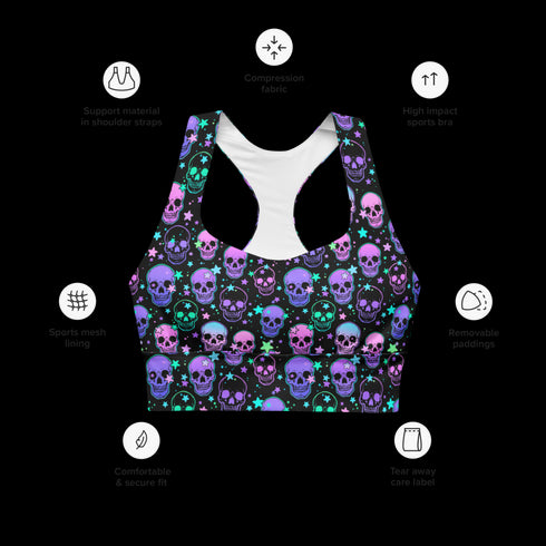 Neon Space Skulls - Longline Sports Bra