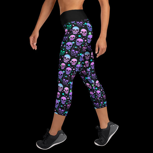 Neon Space Skulls - Yoga Capri Leggings
