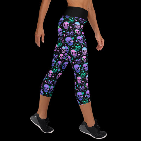 Neon Space Skulls - Yoga Capri Leggings